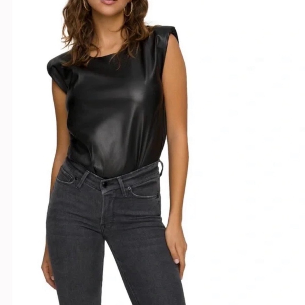 Good American Black Faux Leather Strong Shoulder Bodysuit